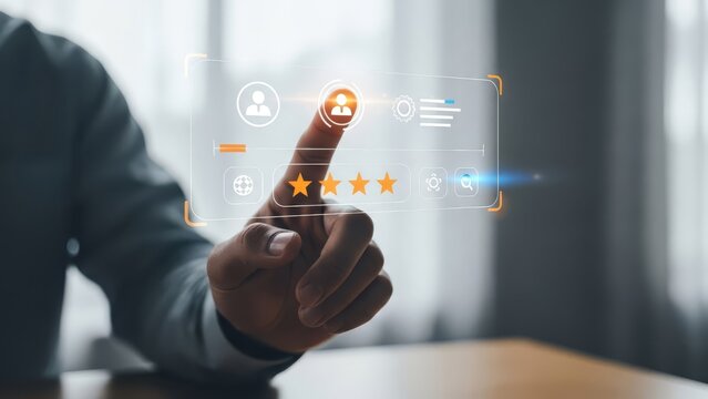 Person interacting with a digital interface displaying rating icons and user profiles on a transparent screen - Powered by Adobe