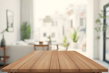Empty Wooden Table in Bright Modern Living Room Interior for Product Display and Branding Mockup