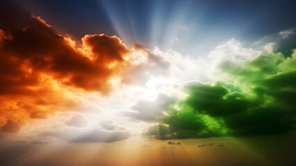 Vibrant clouds illuminated by sunlight in a colorful sky with dramatic clouds and rays