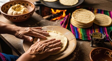 Hands Preparing Tortillas on Wooden Table.