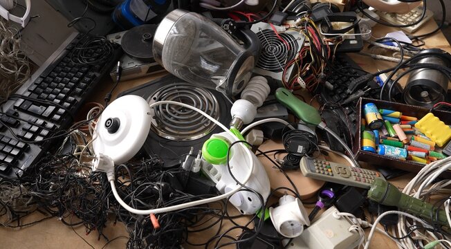 E-waste recycling center. Broken and outdated electronic and household appliances