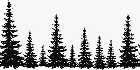 A simple black and white silhouette of a dense evergreen forest landscape
