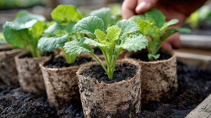 Young plants in biodegradable pots are being tended to in a garden, showcasing sustainable gardening practices and new growth.