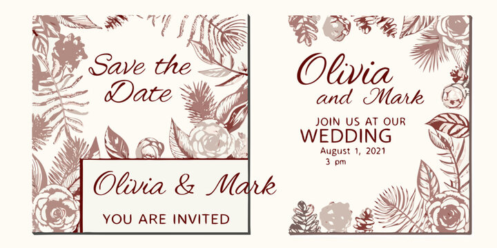 Elegant floral wedding invitation card design with names olivia and mark