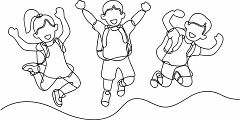Naklejka premium Joyful children jumping with raised arms in a continuous line drawing style