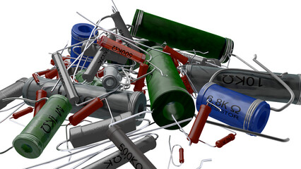 1950年代から1970年代頃の日本製のラジオや測定器などに使用されていた多種多様の抵抗器コレクション（PNG画像）