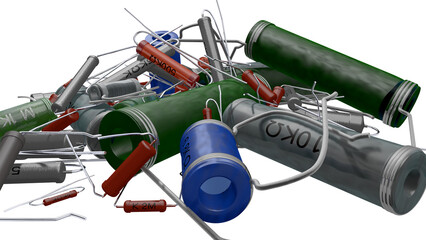 1950年代から1970年代頃の日本製のラジオや測定器などに使用されていた多種多様の抵抗器コレクション（PNG画像）