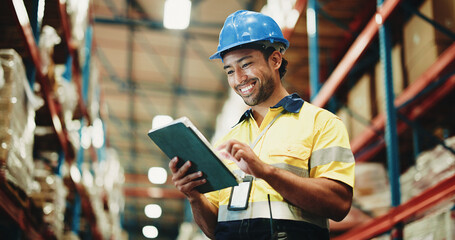 Man, tablet and happy with inspection at warehouse, checklist or notes for inventory management. Person, tech and low angle with application, stock and solution for supply chain at distribution plant © peopleimages.com