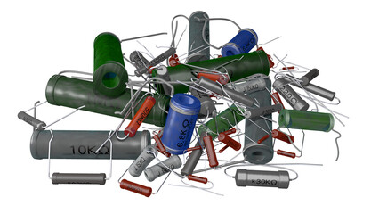 1950年代から1970年代頃の日本製のラジオや測定器などに使用されていた多種多様の抵抗器コレクション（PNG画像）