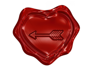 Red wax seal with heart and arrow design isolated on transparent background love