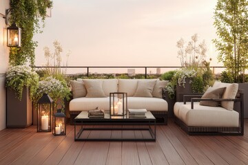 Obraz premium Luxurious terrace setup featuring glass coffee table and neutral cushions