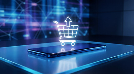 Smartphone with glowing shopping cart icon on screen