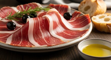 Cured Prosciutto with Olives and Olive Oil.