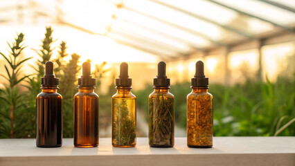 Cannabis tinctures and herbal remedies in glass bottles