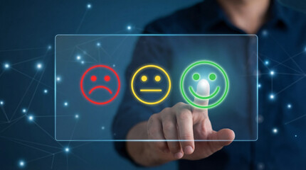 Man interacting with digital feedback interface with emoticons