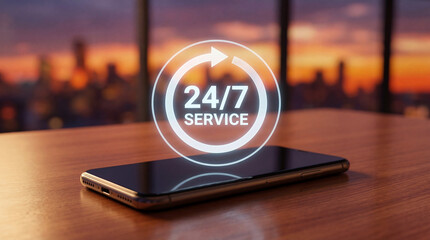 24/7 service concept with smartphone on wooden desk at sunset