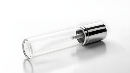 Empty clear glass travel size perfume atomizer bottle with a shiny silver metal cap lying on a clean white reflective background