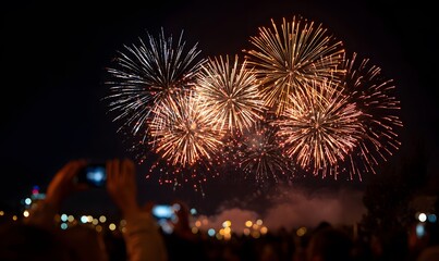 an enchanting display of fireworks illuminating the night sky, with people gathered in awe taking photos and capturing the vibrant colors on their phones