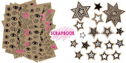 A scrapbook design featuring eyes stars and hand drawn doodle illustrations