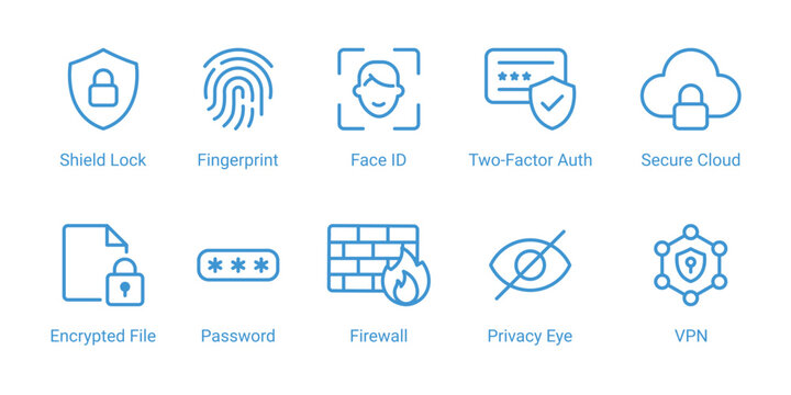 security and privacy icon set shield lock fingerprint face id password firewall vpn