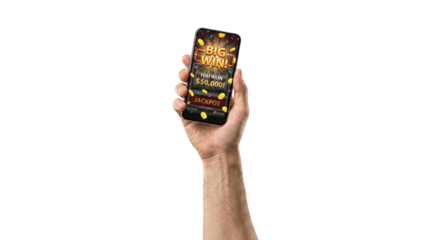 Hand celebrating big jackpot win on smartphone app