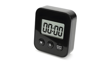 A modern black digital kitchen timer with an LCD display showing zero, isolated on a clean white background for cooking and baking