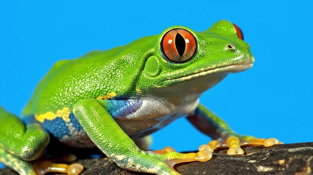 Macro close-up of colorful Red-eyed Tree Frog Agalychnis callidryas sitting on a branch against a solid blue background