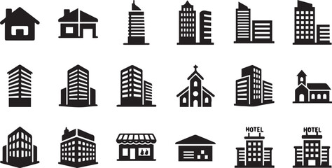 Set of diverse black building icons. Collection includes house, apartment, skyscraper, church, shop, and hotel vector illustrations. isolated PNG with Transparent Background