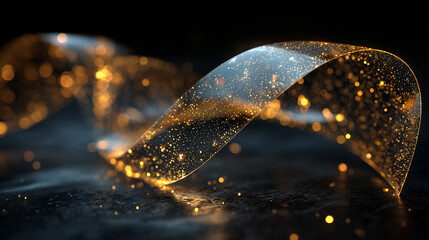 Golden Sparkling Transparent Scroll with Glowing Particles on a Dark Surface for Abstract Art and Technology Themes
