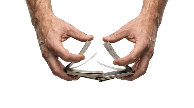 Hands performing a bridge card shuffle trick on transparent background