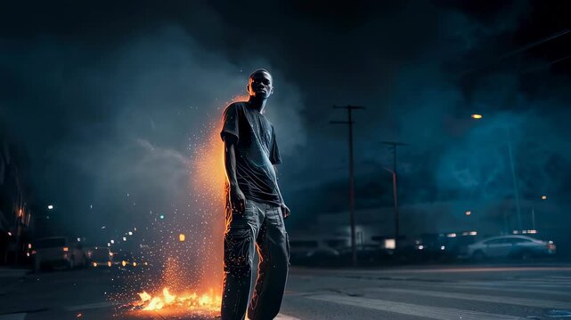 Young male athlete clenching fists in dramatic urban street with strong orange and blue lighting