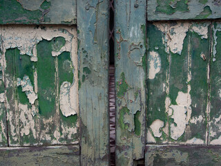 Close up of a green wooden door textured surface with peeled off paint,  weathered decay stain and a glimpse of the mosaic tiles and a scissor metal grill shutter at the back.