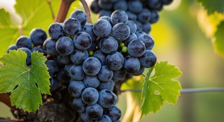 Ripe Black Grapes on Vineyard Branch.