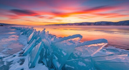 Frozen Ice Formation at Dramatic Sunset.