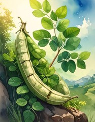 An oversized pea pod rests on a rock with leafy foliage, a sunny sky, and distant rolling hills