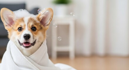 Corgi Dog Wrapped in Towel After Bath.