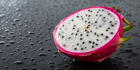 Freshly Halved Dragon Fruit on Dark Wet Surface with Water Droplets
