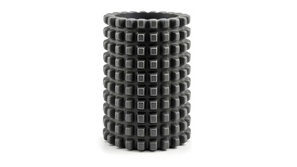 Detailed studio shot of a black textured foam roller for muscle massage and physical therapy, featuring a grid of knobs, isolated on a white background