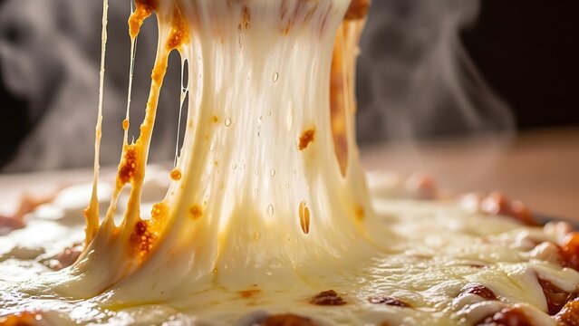 Close up of pizza with melted cheese and sauce being poured onto.