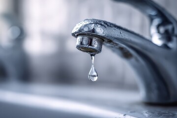 Macro photograph of a single water drop suspended from a chrome faucet over a white porcelain sink, soft backlight and shallow depth of field