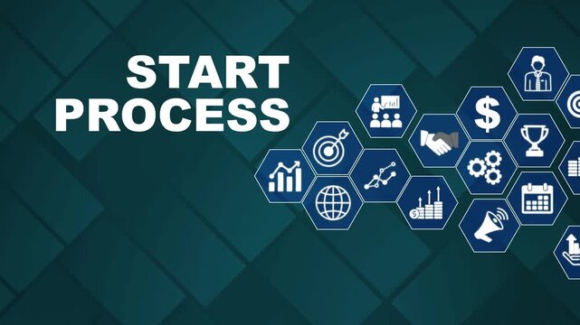 Business Process Concept with Start Process Text and Various Business on Hexagonal Shapes workflow business hexagonal shapes