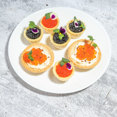 Assorted caviar canap&eacute;s with garnishes on a white plate, gourmet appetizer, luxury food concept