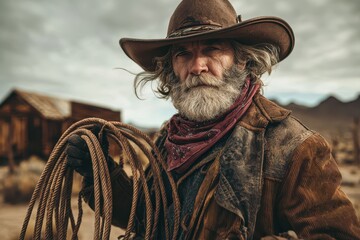 Weathered frontier cowboy in rustic attire under a sunlit desert sky, holding a lariat rope