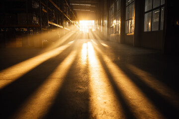 Fototapeta premium Sunlit warehouse hallway with long dramatic shadows cast by morning light through large windows creating warm industrial atmosphere and highlighting spacious interior