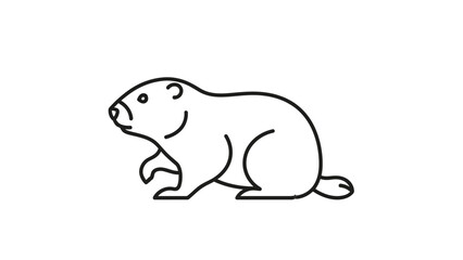 Fototapeta premium Simple black and white line art illustration of a groundhog or marmot in profile, depicting a common rodent.