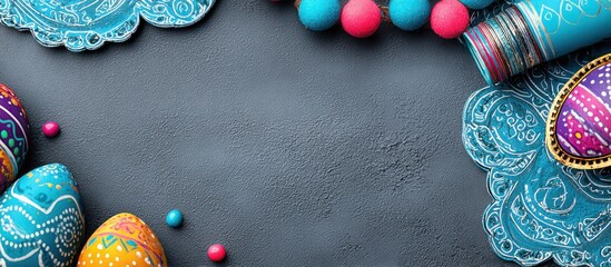 Decorated easter eggs with ornamental details and copy space holiday background