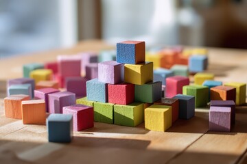 Vibrant toy blocks arranged in a multicolor tabletop still life with cubes, rectangles and triangles