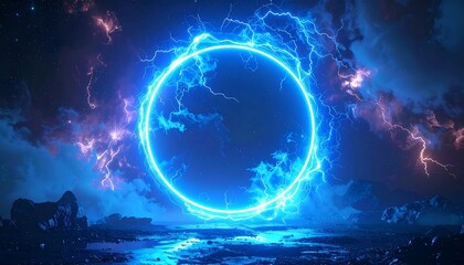 A luminous, electric blue portal surrounded by lightning and swirling clouds