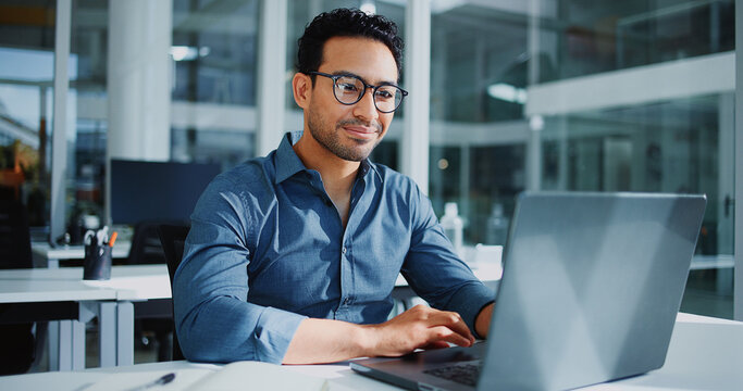 Office, laptop and happy business man for financial review, investment research and website. Corporate, professional and person on computer for finance report, budget planning and expense analysis