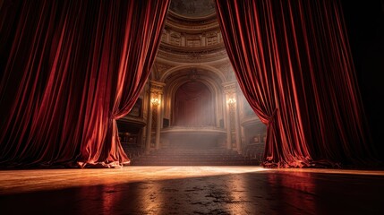 Red velvet curtains part to reveal a softly lit theater stage, warm amber lights and empty seating